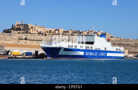 Grimaldi Lines Ro-Ro cargo vessel  Eurocargo Venezia in Valletta Harbour, Malta, Southern Europe. Stock Photo