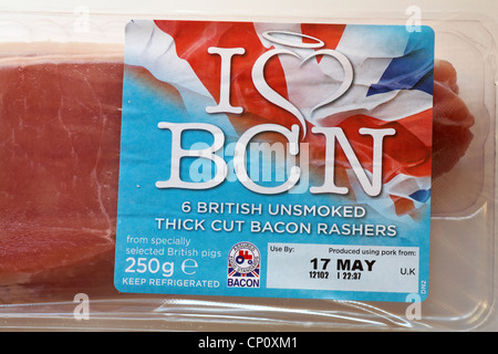 I love BCN Bacon label on pack of 6 British unsmoked thick cut bacon rashers Stock Photo
