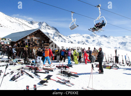 Skiing France; Skiers relaxing at La Folie Douce cafe, Val Thorens, the Three valleys, Les Portes du Soleil, French Alps France Europe Stock Photo
