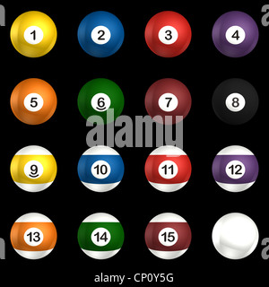 Billiard balls pack 3d rendering isolated on black background Stock Photo