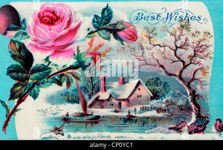 Best wishes - vintage card with rose and country scene Stock Photo