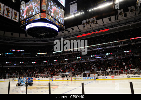 Electronic Scoreboard at United Center in Chicago where the Chicago Blackhawks and Bulls play their pro games. Stock Photo