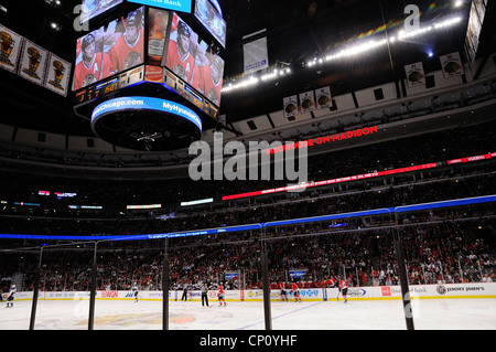 Electronic Scoreboard at United Center in Chicago where the Chicago Blackhawks and Bulls play their pro games. Stock Photo