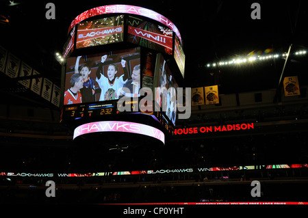 Electronic Scoreboard at United Center in Chicago where the Chicago Blackhawks and Bulls play their pro games. Stock Photo