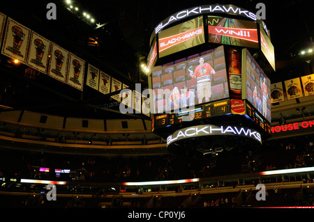 Electronic Scoreboard at United Center in Chicago where the Chicago Blackhawks and Bulls play their pro games. Stock Photo