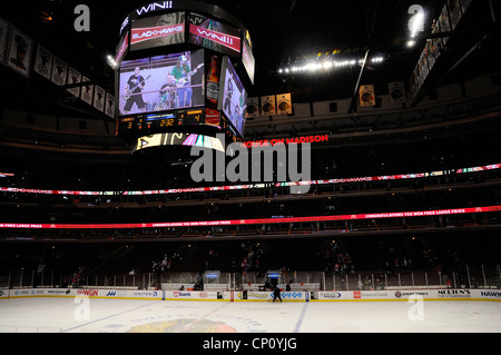 Electronic Scoreboard at United Center in Chicago where the Chicago Blackhawks and Bulls play their pro games. Stock Photo