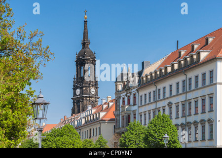 View through the Koenigstrasse to Dreikoenigskirche Church. The tower is 87.5 m high. Dresden, Saxony, Germany, Europe Stock Photo