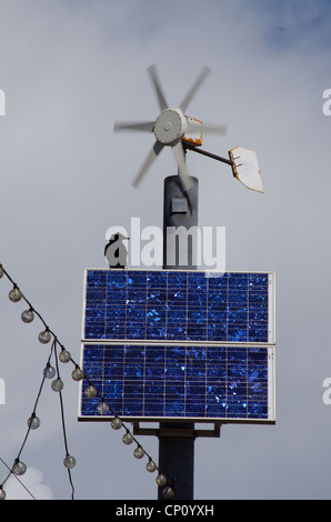A crow happily sitting under a wind turbine, perched on solar panel, Paignton, Devon Renewable energy powers the hanging lights. Stock Photo