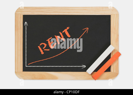 A chalkboard. A chart with an increasing curve on this. On the chalkboard is the word rent written. Red and white chalk. Stock Photo