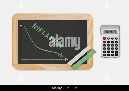 Chalkboard, a chart with an declined curve. On the chalkboard is the word Inflation. Pocket calculator at the right side. Stock Photo