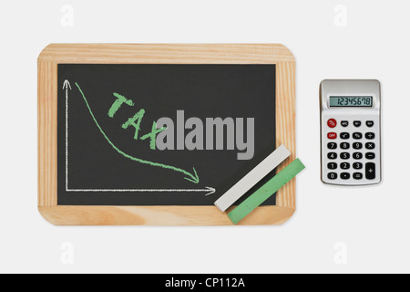 Chalkboard, a chart with an declined curve. On the chalkboard is the word Tax written. Pocket calculator at the right side. Stock Photo