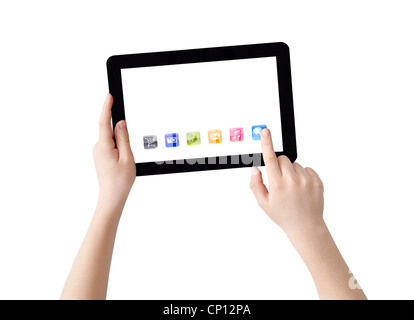 Two hands with Tablet PC, finger pointing abstract application, isolated on white, clipping path Stock Photo