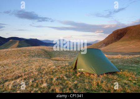 Wild camping on High Snockrigg, Robinson, in the English Lake District. Knott Rigg, Causey Pike and Blencathra in the distance Stock Photo