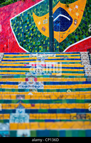 View of Selaron's Stairs (Escadaria Selarón), a colorful mosaic tile stairway, in Rio de Janeiro, Brazil. Stock Photo