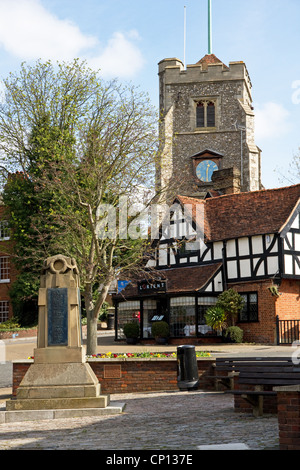 Pinner Parish Church and war memorial, High Street / Church Lane, Pinner, north west London, Middlesex, UK Stock Photo