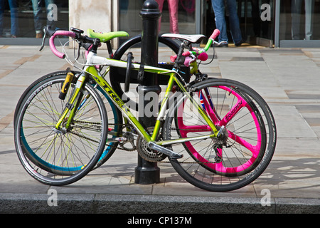 Bikes locked up outside Spitalfields Market, East End, London, England, UK Stock Photo