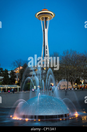 Space Needle and International Fountain at Seattle Center in Seattle, Washington Stock Photo