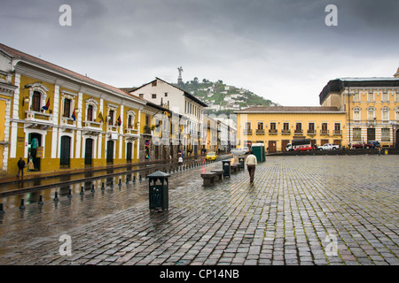 Rainy day at 'San Francisco Square' or 'Plaza San Francisco' in Old Town, Quito, Ecuador. Stock Photo