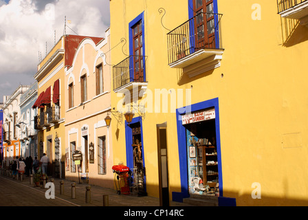 Shops and restored Spanish colonial houses on Callejon de los Sapos in the city of Puebla, Mexico. Stock Photo