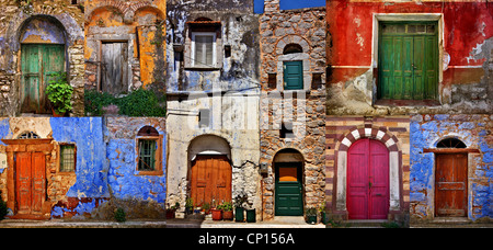 Collage of beautiful, colorful old doors from several villages of Chios island, Northeast Aegean, Greece Stock Photo