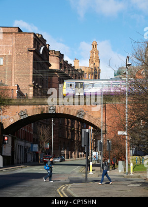 View into Princess Street with railway arch Manchester UK Stock Photo