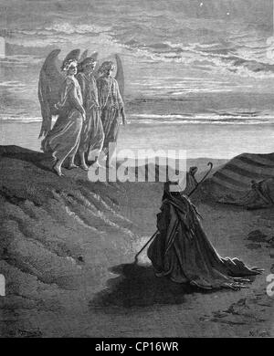 religion, biblical scenes, 'Three Angels and Abraham', wood engraving to the Bible by Gustave Doré, 1866, Artist's Copyright has not to be cleared Stock Photo