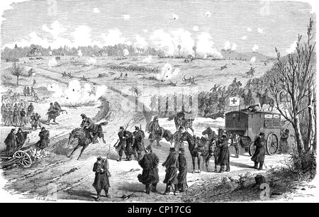 events, Franco-Prussian War 1870 - 1871, Siege of Paris, 19.9.1870 - 28.1.1871, German troops in the shelling at Villiers, wood engraving after drawing by F. W. Heine, 1870, sortie, soldiers, artillery, infantry, Fort Rogent, Fort Rosny, medical service, ambulance, Red Cross, grenades, France, Germany, Franco - Prussian, historic, historical, 19th century, people, Additional-Rights-Clearences-Not Available