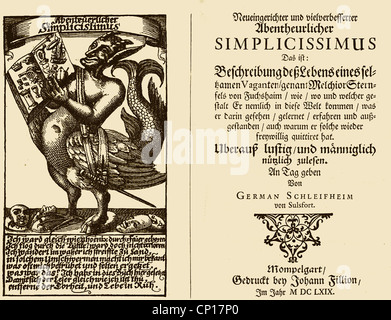 Grimmelshausen, Hans Christoffel, circa 1622 - 17.8.1676, novel 'Der abenteuerliche Simplicissimus' (The adventurous Simplicissimus), Mömpelgard, title, first print, 1669, Stock Photo
