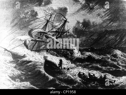 transport / transportation, navigation, distress at sea, lifeboat on the way to the stranded British brigg 'Penscher' near Langeroog, 7.11.1864, contemporary wood engraving, circa 1865, Additional-Rights-Clearences-Not Available Stock Photo