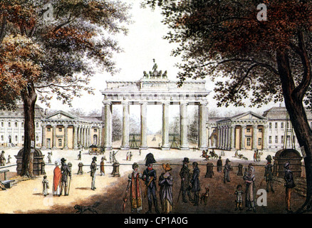 geography / travel, Germany, Berlin, Brandenburger Tor (Brandenburg Gate), built 1733 - 1808 by Karl Gotthard Langhans, watercolour by Friedrich August Calau, circa 1830, Additional-Rights-Clearences-Not Available Stock Photo