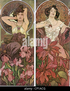 fine arts, Mucha, Alfons (1860 - 1939), poster, circa 1900, two women, sitting, flowers, hair, Art Nouveau, Alphonse, posters, Stock Photo