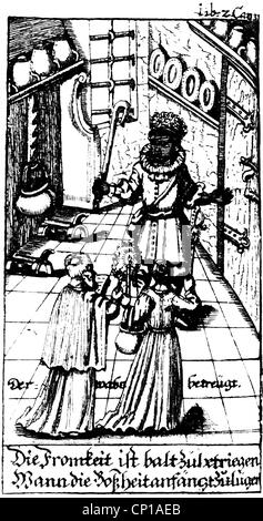 Grimmelshausen, Hans Christoffel, circa 1622  17.8.1676, 'The adventure-filled Simplicissimus', edition of 1671, illustration, 'Der Teufel stiehlt dem Pfaffen den Speck' (The Devil is to  thieving the bacon from the priest), copper engraving, Artist's Copyright has not to be cleared Stock Photo