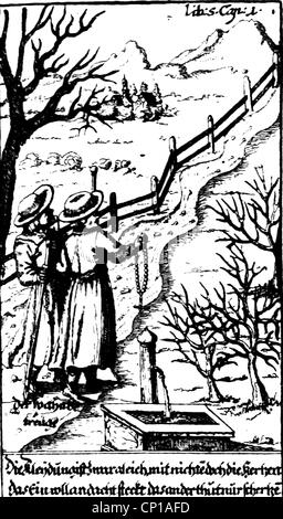Grimmelshausen, Hans Christoffel, circa 1622  17.8.1676, 'The adventure-filled Simplicissimus', edition of 1671, illustration, 'Simplex as pilgrim', copper engraving, Artist's Copyright has not to be cleared Stock Photo