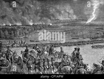 events, War of the Fifth Coalition, 1809, Battle of Wagram, 5./6.7.1809, French troops crossing the Danube river to deploy on the island of Glogau, 4.7.1809, wood engraving, 19th century, French infantry, artillery, Emperor Napoleon I Bonaparte, soldiers, pontoon bridge, Austria, France, Napoleonic Wars, historic, historical, France, people, Additional-Rights-Clearences-Not Available Stock Photo