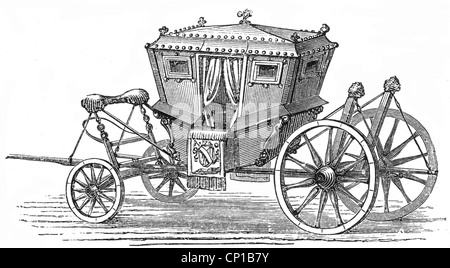 transport / transportation, coach, state carriage of King Louis XV of France, wood engraving, 19th century, historic, historical, coach, carriage, coaches, carriages, vehicle, vehicles, clipping, cut out, cut-out, cut-outs, Additional-Rights-Clearences-Not Available Stock Photo