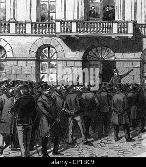 events, revolutions 1848 - 1849, Austria, Vienna, March revolution, demonstration in front of the house of the estates, 13.3.1848, wood engraving, late 19th century, historic, historical, students, demonstrators, protest, protesters, citizens, people, Additional-Rights-Clearences-Not Available Stock Photo