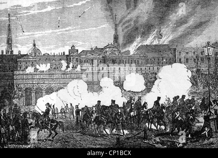 events, revolutions 1848 - 1849, Austria, Vienna, bombardment of the inner city by Imperial troops, 31.10.1848, wood engraving, 19th century, historic, historical, fire, Hofburg Imperial Palace, burning, military, troops under Alfred Candidus Ferdinand, Prince of Windisch-Graetz and Joseph Jelacic von Buzim, suppression, uprising, artillery, revolution, October, 19th century, historic, historical, people, Additional-Rights-Clearences-Not Available Stock Photo