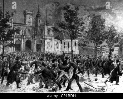 economic crisis 1873, stock market crash in Vienna, 9.5.1873, upset crowd in front of the stock exchange building, contemporary illustration, violence, brawl, punch-up, punchup, fury, crisis, crises,economy, years of rapid industrial expansion, money, monie, empire, Austria-Hungary, Austria, Dual Monarchy, historic, historical, panic, 19th century, people, Additional-Rights-Clearences-Not Available Stock Photo