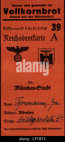 Nazism / National Socialism, documents, ration card for wholemeal bread, Munich City, 1942, Additional-Rights-Clearences-Not Available Stock Photo