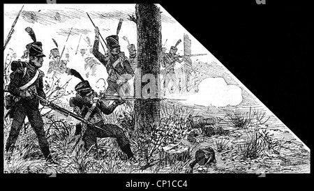 events, War of the Fourth Coalition 1806 - 1807, Battle of Jena, 14.10.1806, French light infantry skirmishing in a forest, wood engraving, 19th century, Napoleonic Wars, Germany, Saxony, riflemen, Tirailleurs, Voltigeurs, soldiers, military, skirmish, fire, loading, firing, historic, historical, people, Additional-Rights-Clearences-Not Available Stock Photo