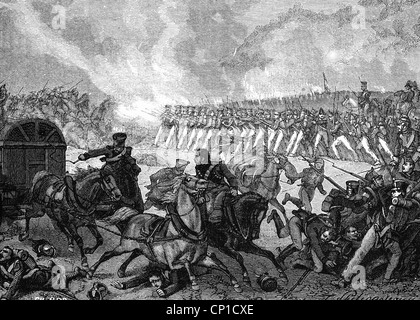 events, Peninsular War 1808 - 1814, Battle of Vitoria, 21.6.1813, French infantry covering the retreat of their baggage train, wood engraving, 19th century, after drawing by Philippoteau, historic, historical, victory of the Allies under Arthur Wellesley, Duke of Wellington, over the French, lead by King Joseph Bonaparte and Marshal, Jean Baptiste Jourdan, end of the French rule in Spain, soldiers, flight, Napoleonic Wars, France, Great Britain, defeat, 19th century, historic, historical, people, Additional-Rights-Clearences-Not Available Stock Photo