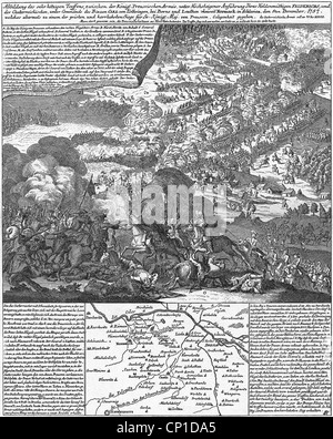 events, Seven Years' War 1756 - 1763, Battle of Leuthen, 5.12.1757, victory of the Prussians under King Frederick II 'the Great' over the Austrians under Prince Charles of Lorraine and Field Marshal Leoplod Daun, contemporary etching by Johann Davis Schleuen, Additional-Rights-Clearences-Not Available Stock Photo