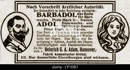 advertising, cosmetics, advertisement, beard hair growth tonic 'Bardol', hair restorer 'Ardol', by Heinrich G.A. Adam, Hannover, 'Die Woche', No. 45, 30.11.1901, Additional-Rights-Clearences-Not Available Stock Photo