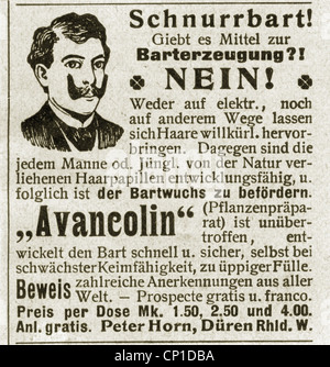 advertising, cosmetics, advertisement, beard hair growth tonic 'Avancolin', by Peter Horn, Dueren, Germany, 'Die Woche', No. 45, 30.11.1901, Additional-Rights-Clearences-Not Available Stock Photo