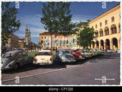 geography / travel, Germany, Munich, Ludwig-Maximilian University, parking cars at Geschwister-Scholl-Platz, picture postcard, 1960s, Additional-Rights-Clearences-Not Available Stock Photo