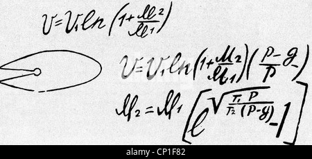 Tsiolkovskii, Konstantin Eduardovich, 17.9.1857 - 19.9.1935, Russian physicist, mathematician, basic rocket equation, handwritten by Tsiolkovskii,