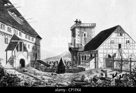 geography / travel, Germany, Eisenach, Wartburg castle, exterior view, Northern castle yard, courtyard, wall-walk, steward's office and knight's house, lithograph, 1822, Additional-Rights-Clearences-Not Available Stock Photo