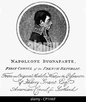 Napoleon I, 15.8.1769 - 5.5. 1821, Emperor of the French 2.12.1804 - 22.6.1815, portrait, as First Consul 1799 - 1804, copper engraving, printed by J. Harris, London, 1800, , Artist's Copyright has not to be cleared Stock Photo
