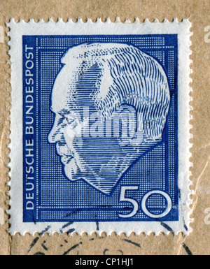 mail / post, postage stamps, West Germany, 50 Pfennig stamp with portrait of Federal President Heinrich Luebke, stamped in Duesseldorf, February 1960, Additional-Rights-Clearences-Not Available Stock Photo