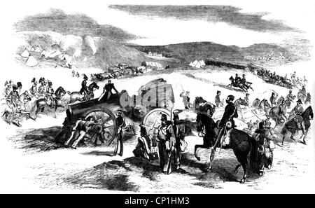 events, Crimean War 1853 - 1856, Siege of Sevastopol 17.10.1854 - 9.9.1855, transport of British siege guns, wood engraving, 1854, military, soldiers, Royal Artillery, cannons, cart, Russia, Crimea, Great Britain, 19th century, historic, historical, people, Additional-Rights-Clearences-Not Available Stock Photo